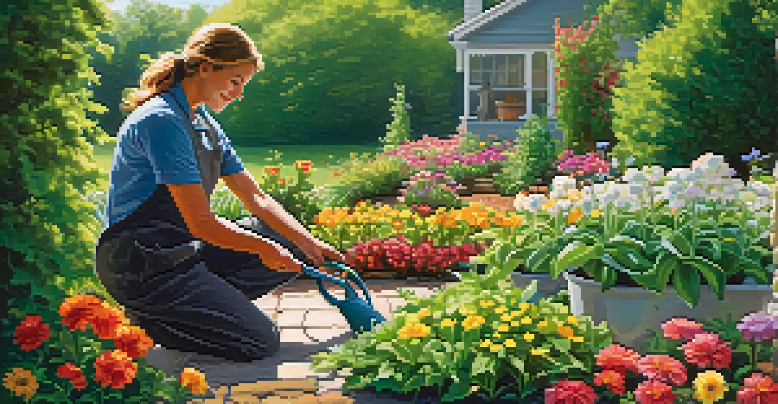 A gardener kneeling in a colorful flower bed, using a trowel with a watering can nearby, under bright sunlight.