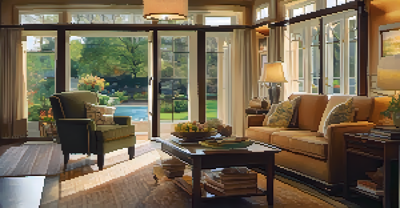 A cozy living room with a comfortable sofa and elegant decor, bathed in soft lighting.