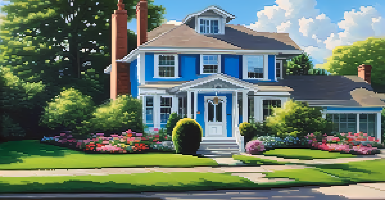 A beautiful house for sale with a sign in the front yard, surrounded by flowers and green grass under a clear blue sky.