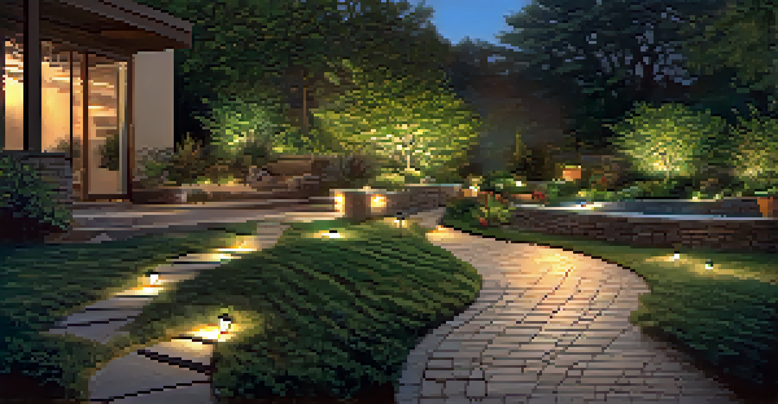 A winding stone pathway illuminated by motion-sensor lights in a lush backyard during the evening.