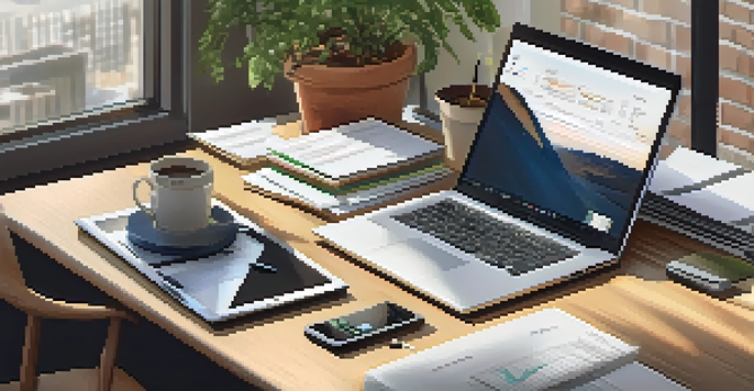 A modern property manager's desk with technology tools, organized documents, and natural lighting.