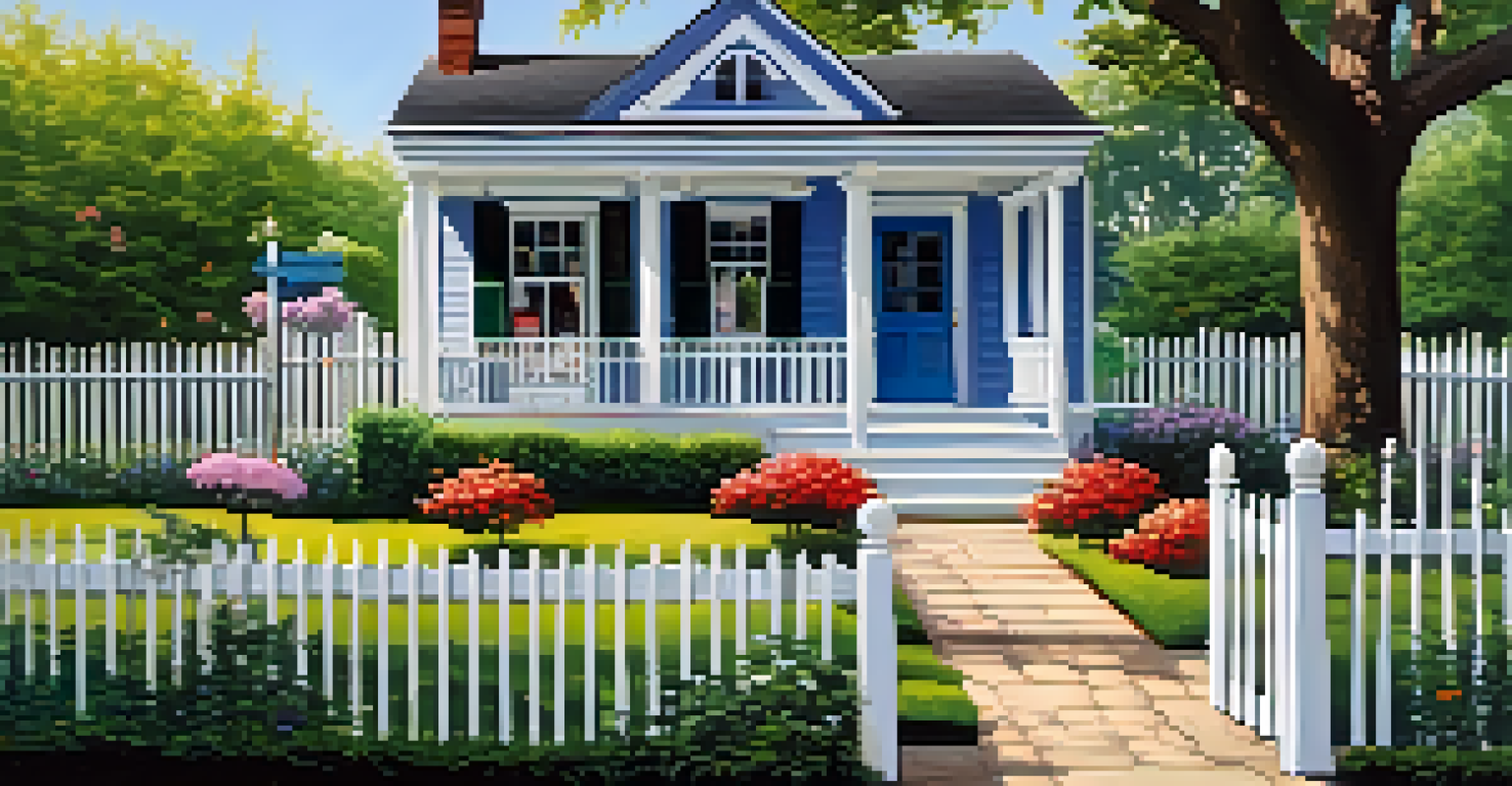 A charming house surrounded by a colorful garden and a white picket fence under a blue sky.
