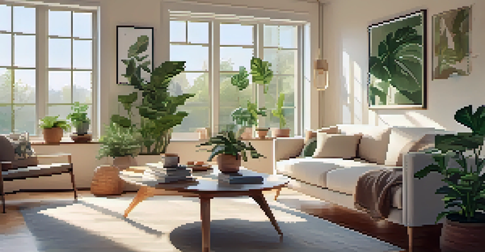 A bright living room with sunlight streaming in, houseplants, and an air quality monitor on a coffee table.