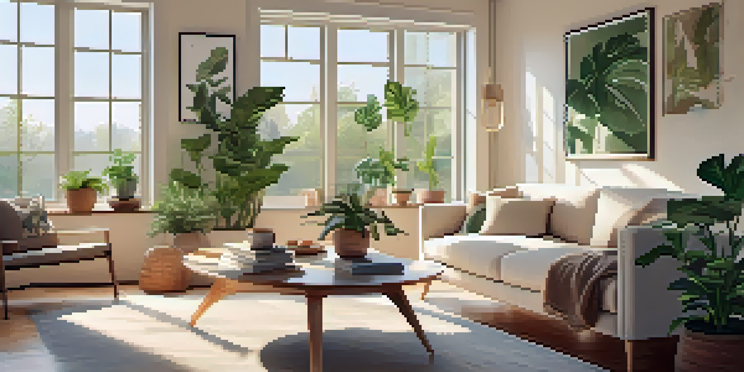 A bright living room with sunlight streaming in, houseplants, and an air quality monitor on a coffee table.