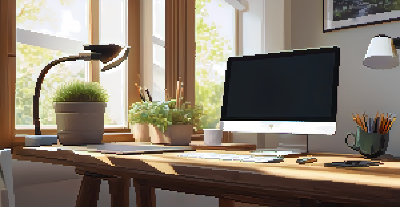 A cozy home office with a smart plug controlling a desk lamp, featuring a laptop and stationery on a wooden desk.