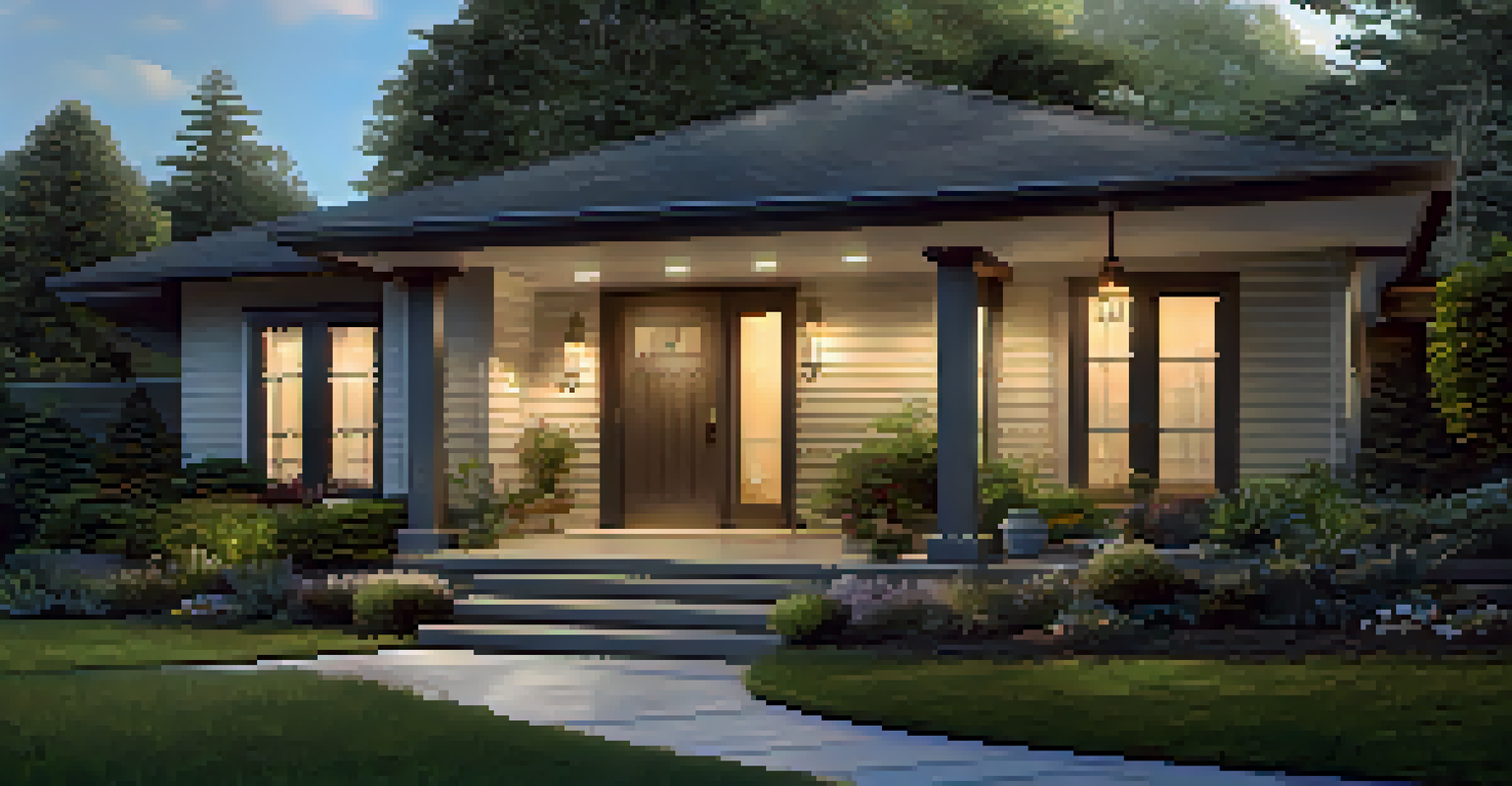 An outdoor view of a contemporary home with smart security features, including a doorbell camera and motion detectors, surrounded by a garden.