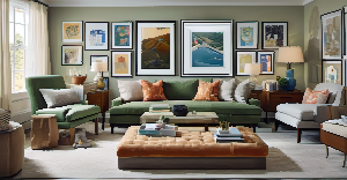A cozy living room with a gallery wall filled with framed photos and artwork in various styles and sizes, illuminated by warm lighting.