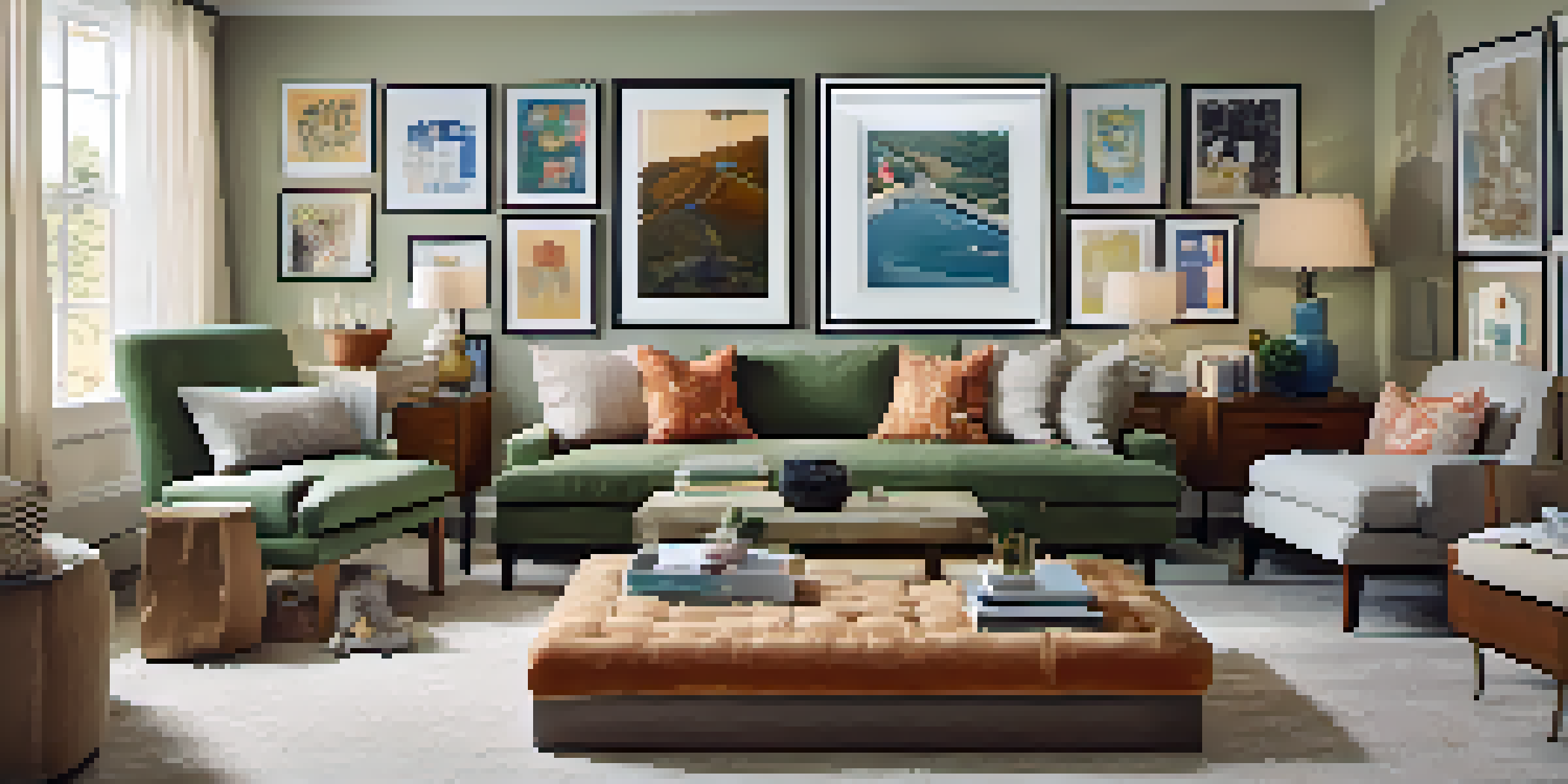 A cozy living room with a gallery wall filled with framed photos and artwork in various styles and sizes, illuminated by warm lighting.