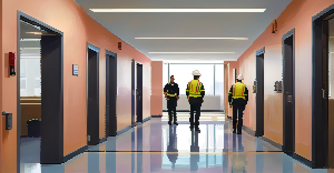 A diverse group of property management staff inspecting safety equipment in a modern apartment building, emphasizing professionalism and emergency preparedness.