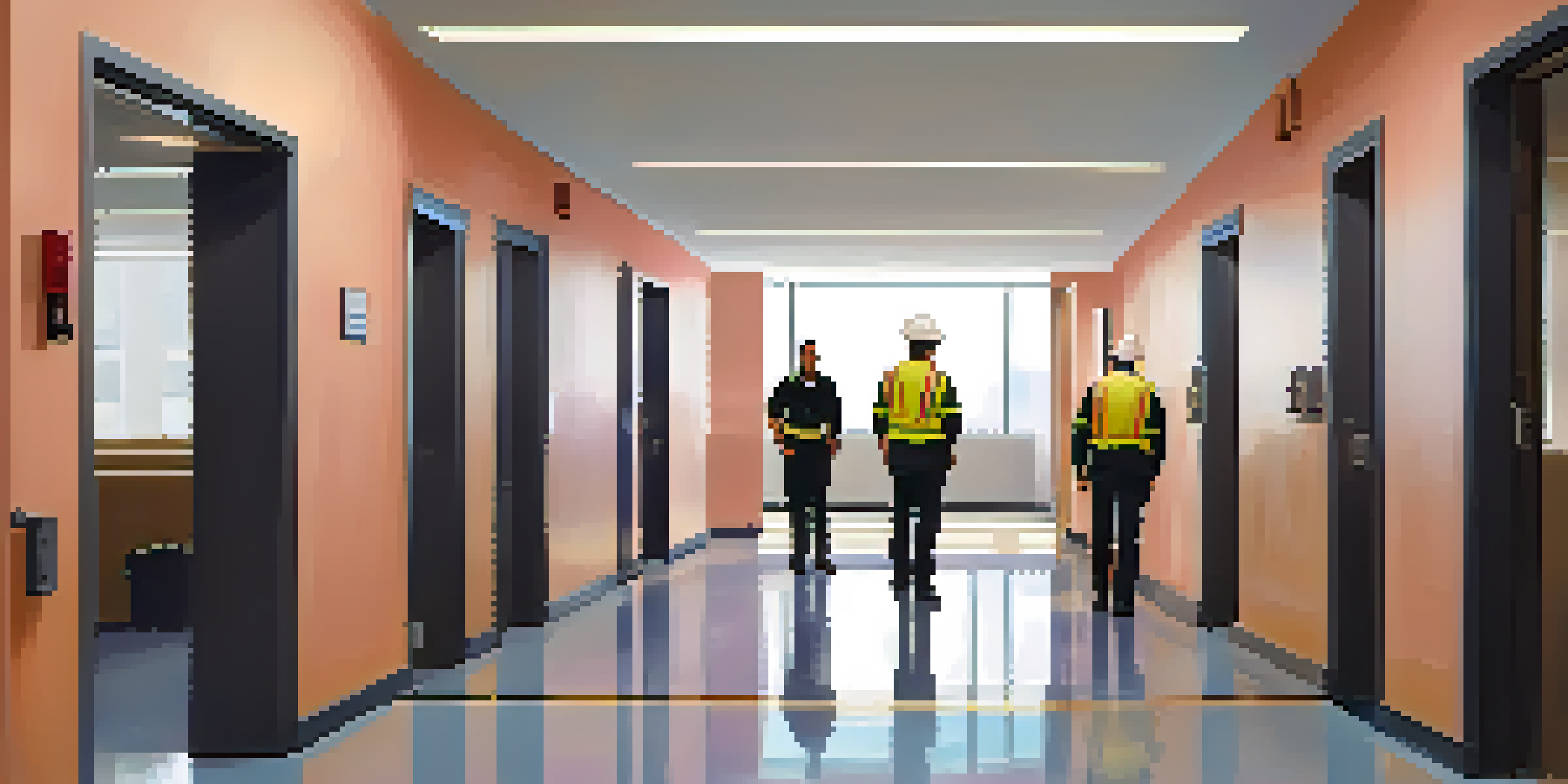 A diverse group of property management staff inspecting safety equipment in a modern apartment building, emphasizing professionalism and emergency preparedness.
