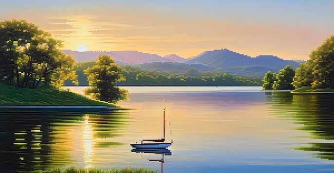 A peaceful lake scene with a sailboat, surrounded by trees and mountains at sunrise.