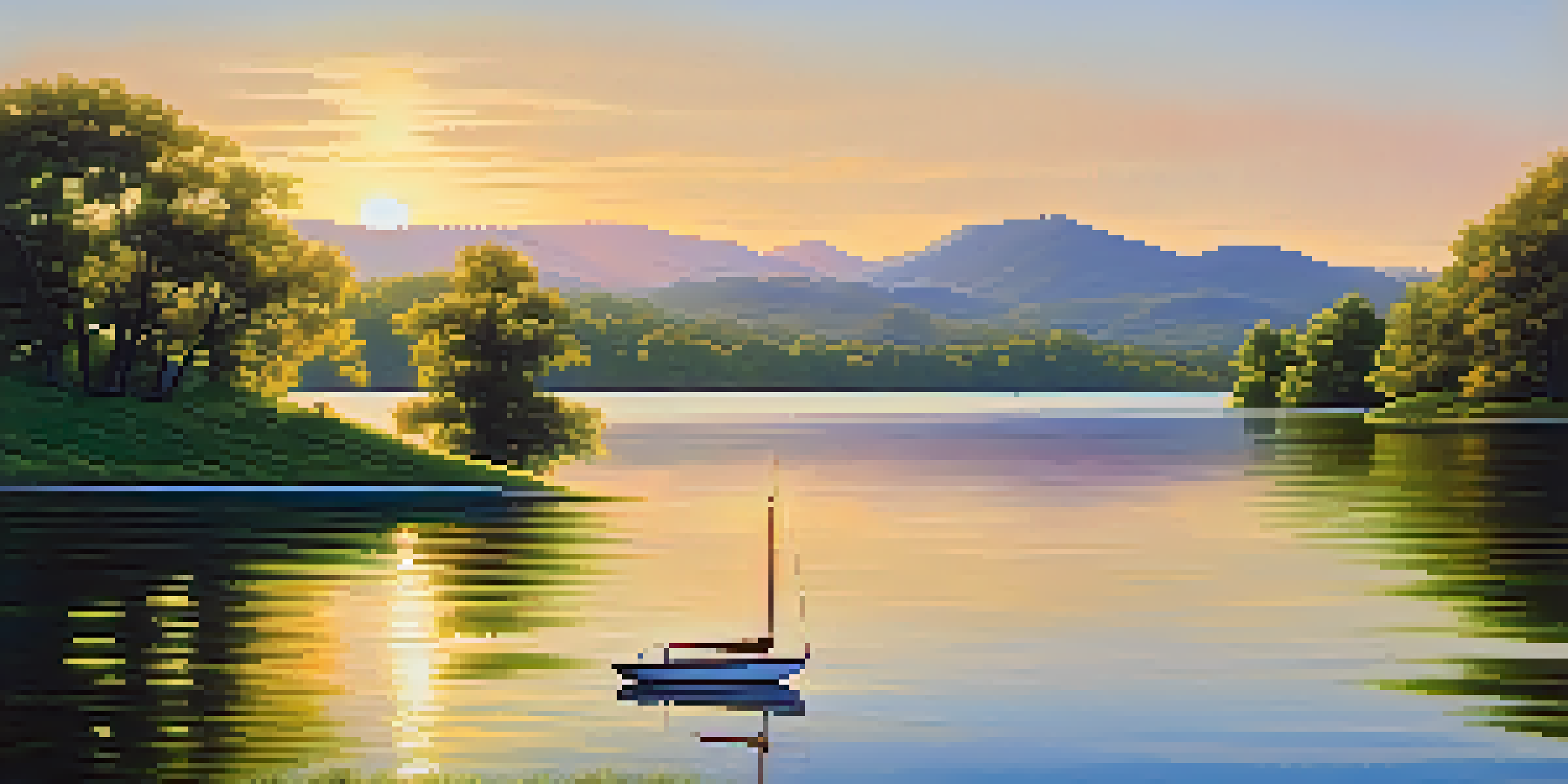 A peaceful lake scene with a sailboat, surrounded by trees and mountains at sunrise.