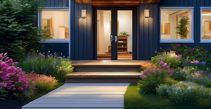 A modern home entrance with a wide wooden ramp and a person in a wheelchair, surrounded by flowers.