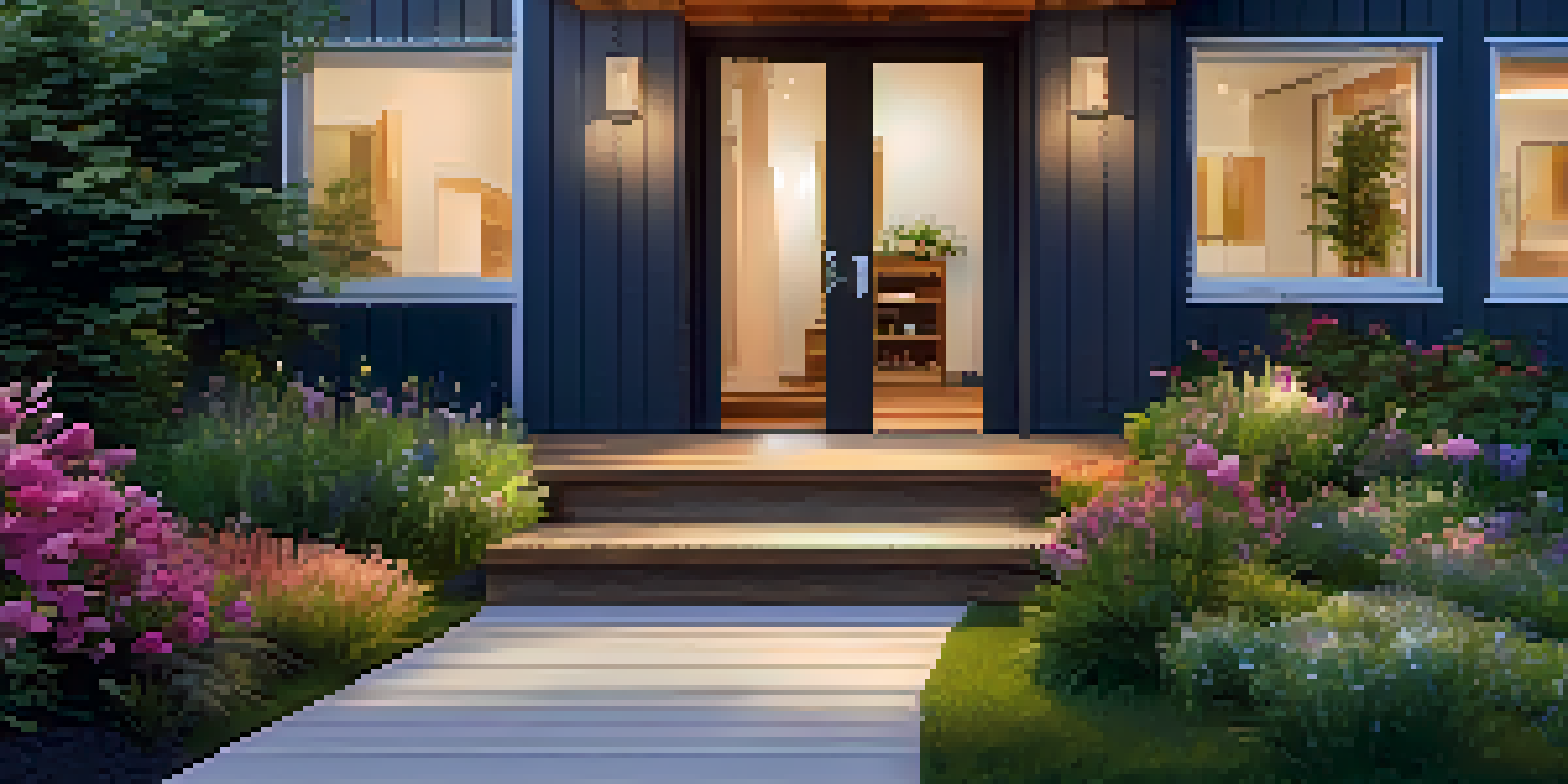 A modern home entrance with a wide wooden ramp and a person in a wheelchair, surrounded by flowers.