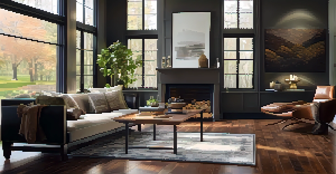 A warm and inviting living room with dark hardwood flooring and natural light.