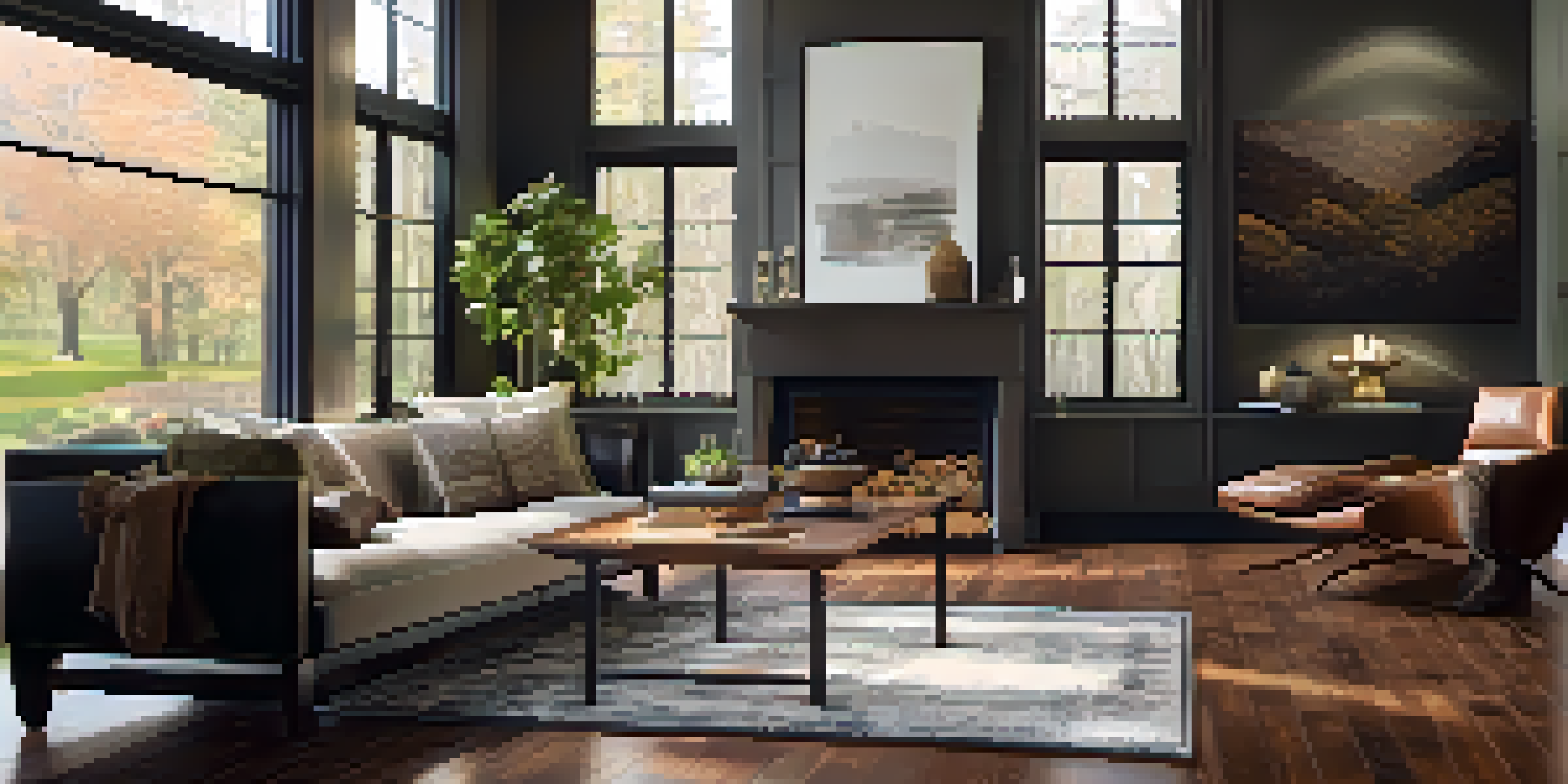 A warm and inviting living room with dark hardwood flooring and natural light.