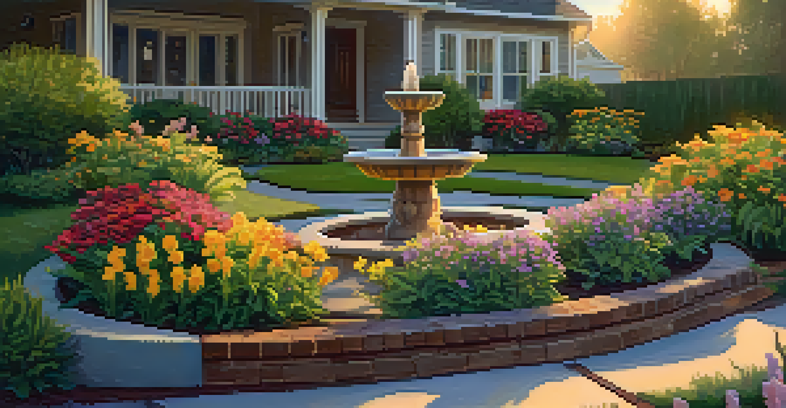 A front yard with a whimsical birdbath surrounded by colorful plants, featuring a mix of heights illuminated by warm sunlight.