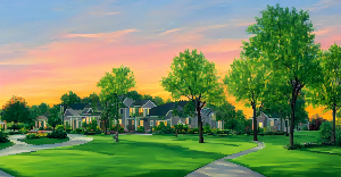 A peaceful suburban neighborhood at sunset with spacious homes, children playing, and trees along the streets.