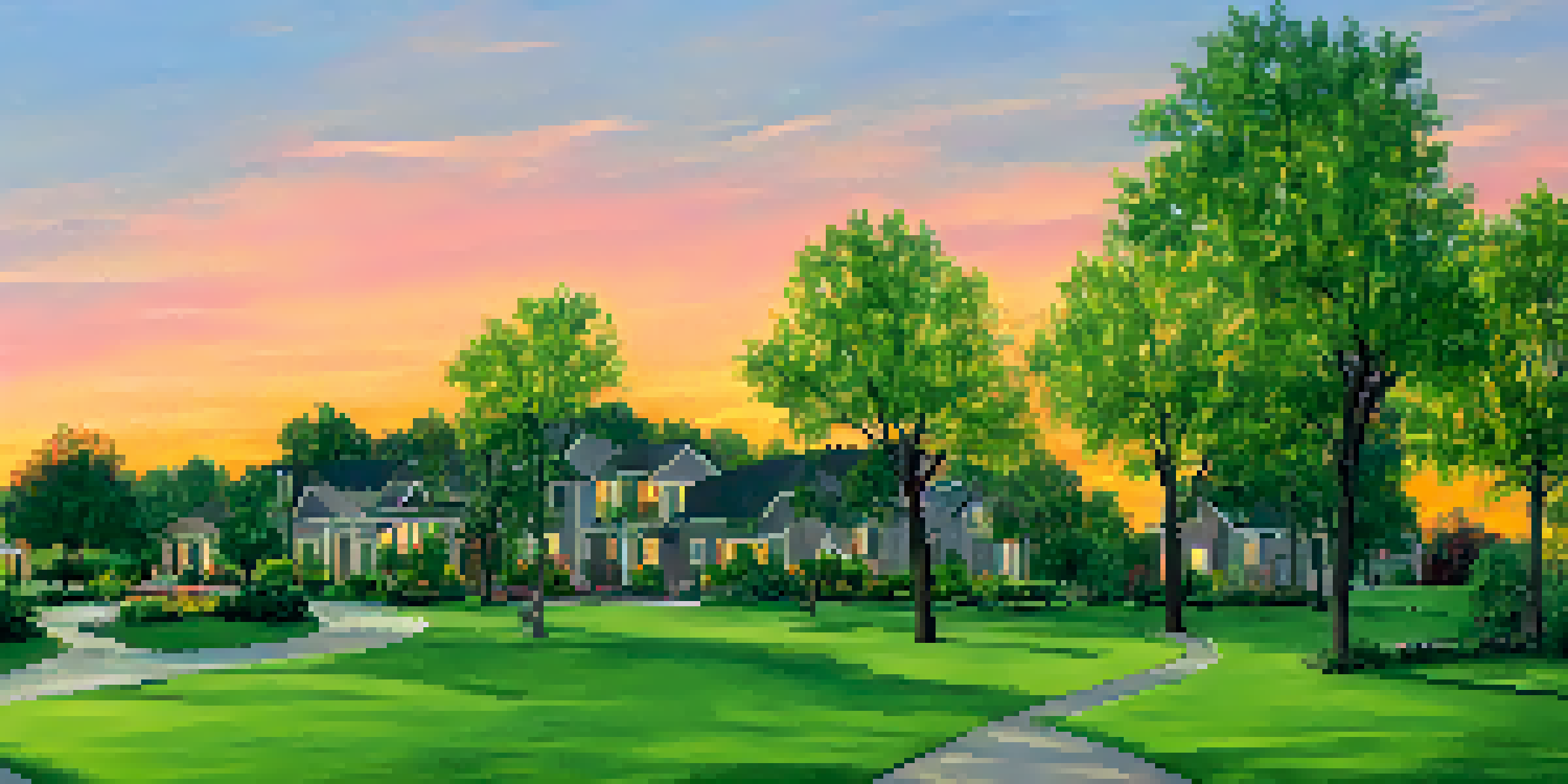 A peaceful suburban neighborhood at sunset with spacious homes, children playing, and trees along the streets.