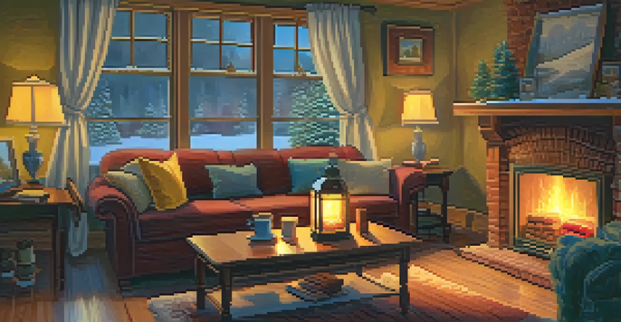 A cozy living room with a fireplace, snow falling outside, and a warm atmosphere.
