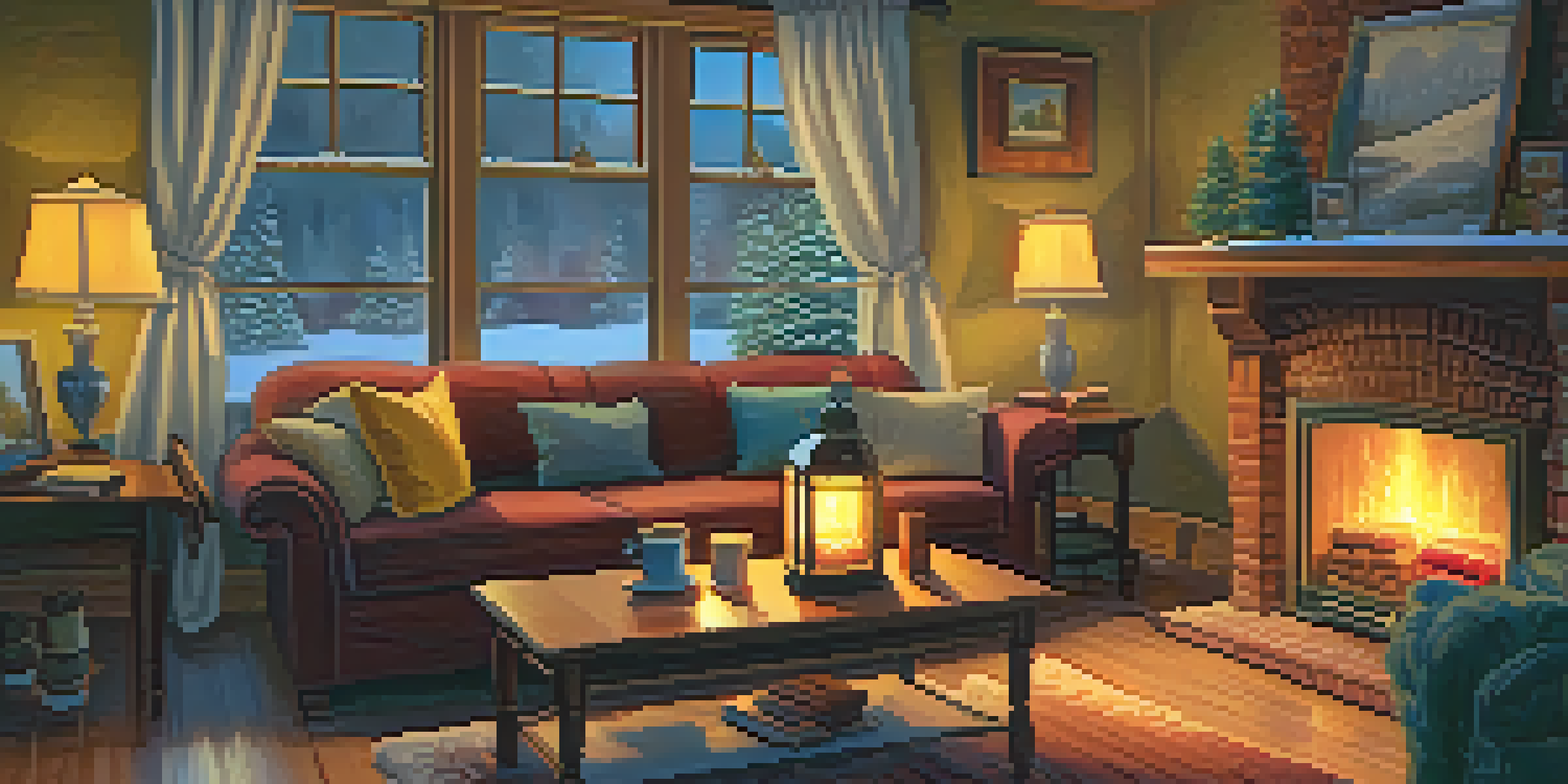 A cozy living room with a fireplace, snow falling outside, and a warm atmosphere.