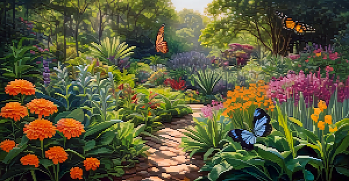A colorful and diverse garden filled with native plants and flowers, with sunlight filtering through the leaves.