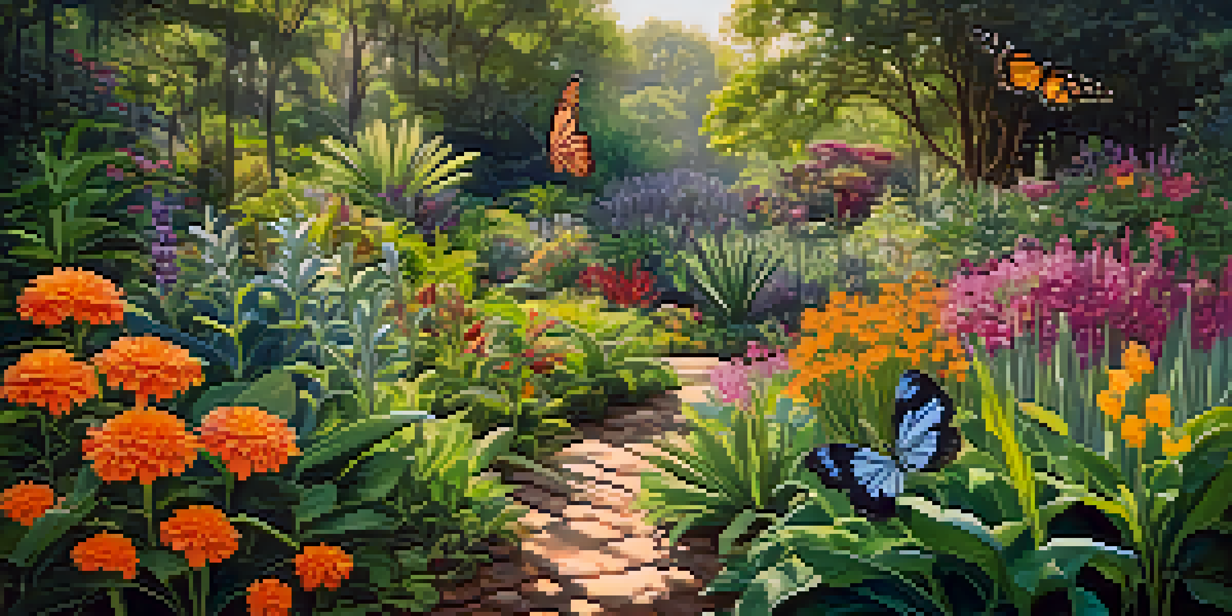 A colorful and diverse garden filled with native plants and flowers, with sunlight filtering through the leaves.