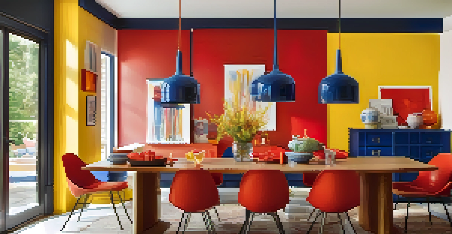 A vibrant dining area with a yellow accent wall, colorful furniture, and bright tableware, illuminated by natural light.