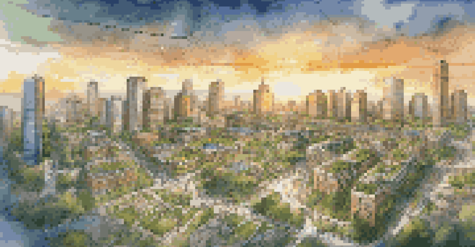 Aerial view of a smart city with interconnected streets, parks, and modern buildings under a sunset.