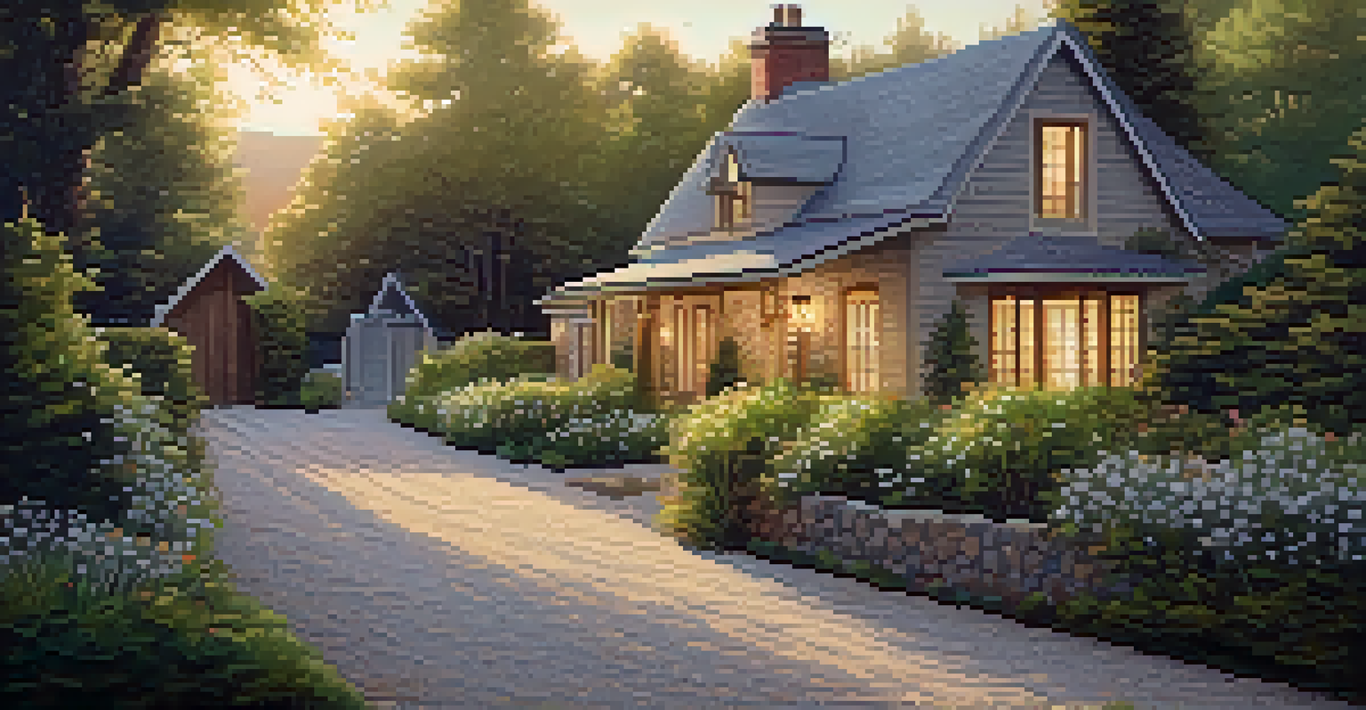 A cozy gravel driveway leading to a cottage, surrounded by greenery and evening sunlight.