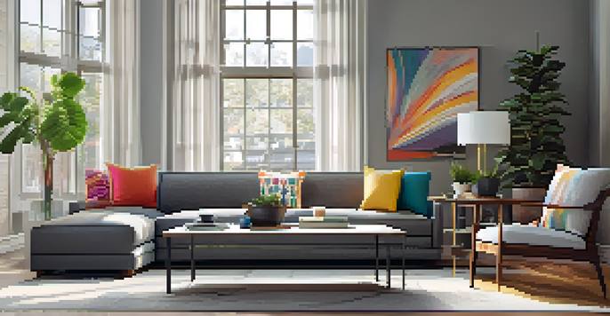 A modern living room with large windows, a gray sofa with colorful pillows, a coffee table, and an indoor plant, all bathed in warm lighting.