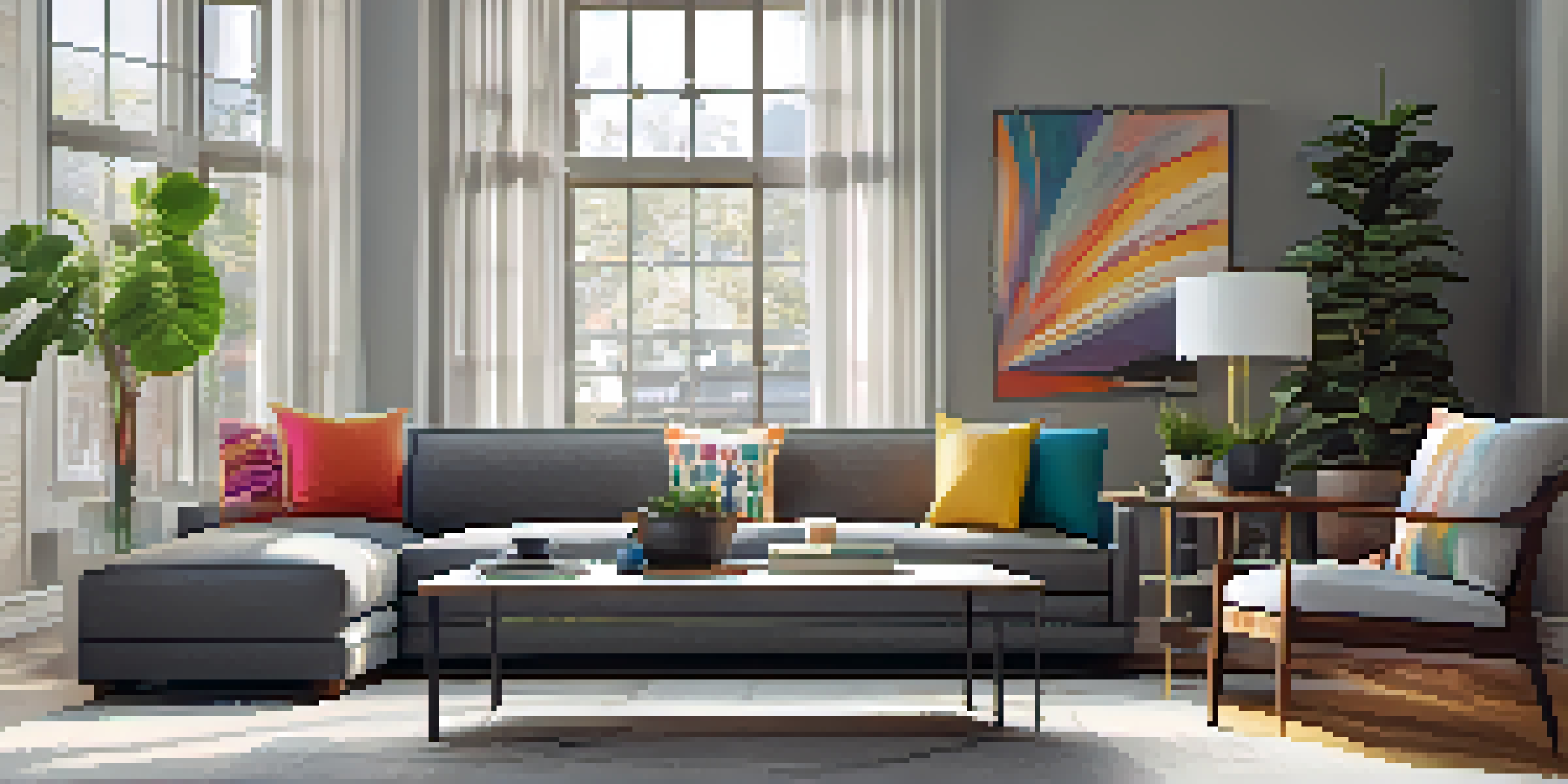A modern living room with large windows, a gray sofa with colorful pillows, a coffee table, and an indoor plant, all bathed in warm lighting.