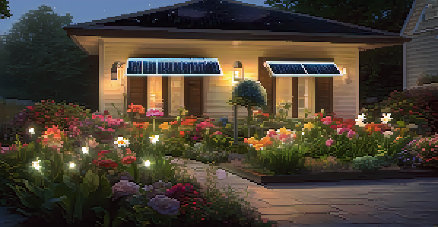 A solar-powered garden light glowing at dusk in a flower bed, with a rainwater collection system in the background, creating a magical garden atmosphere.