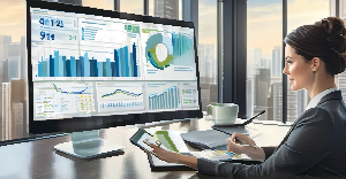 A real estate agent examining data on a tablet with graphs in a well-lit office.