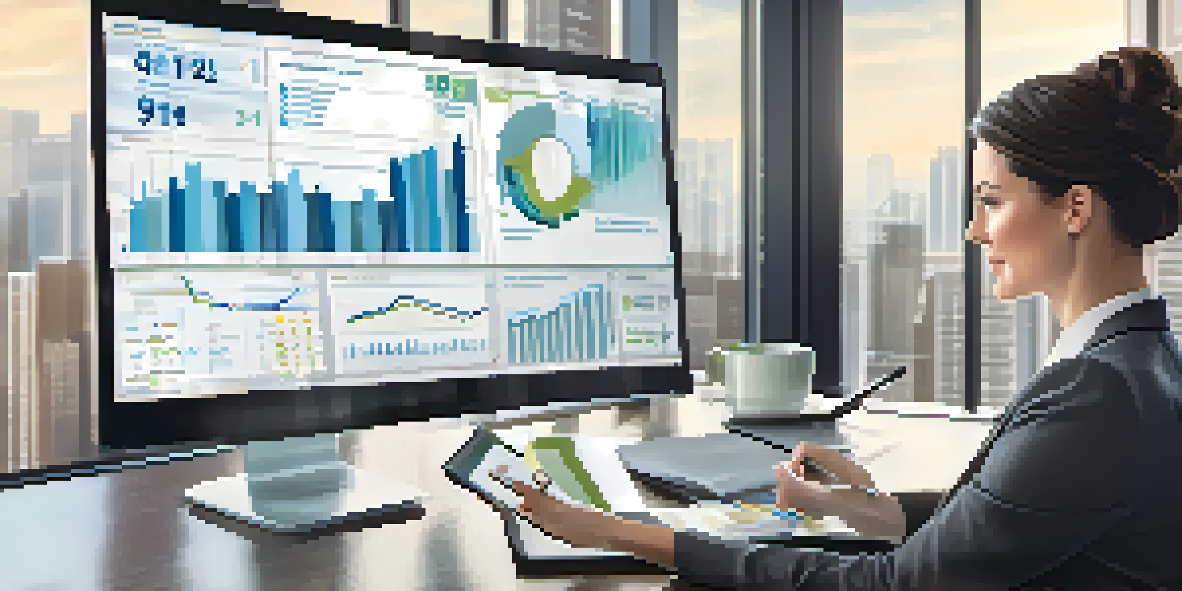 A real estate agent examining data on a tablet with graphs in a well-lit office.