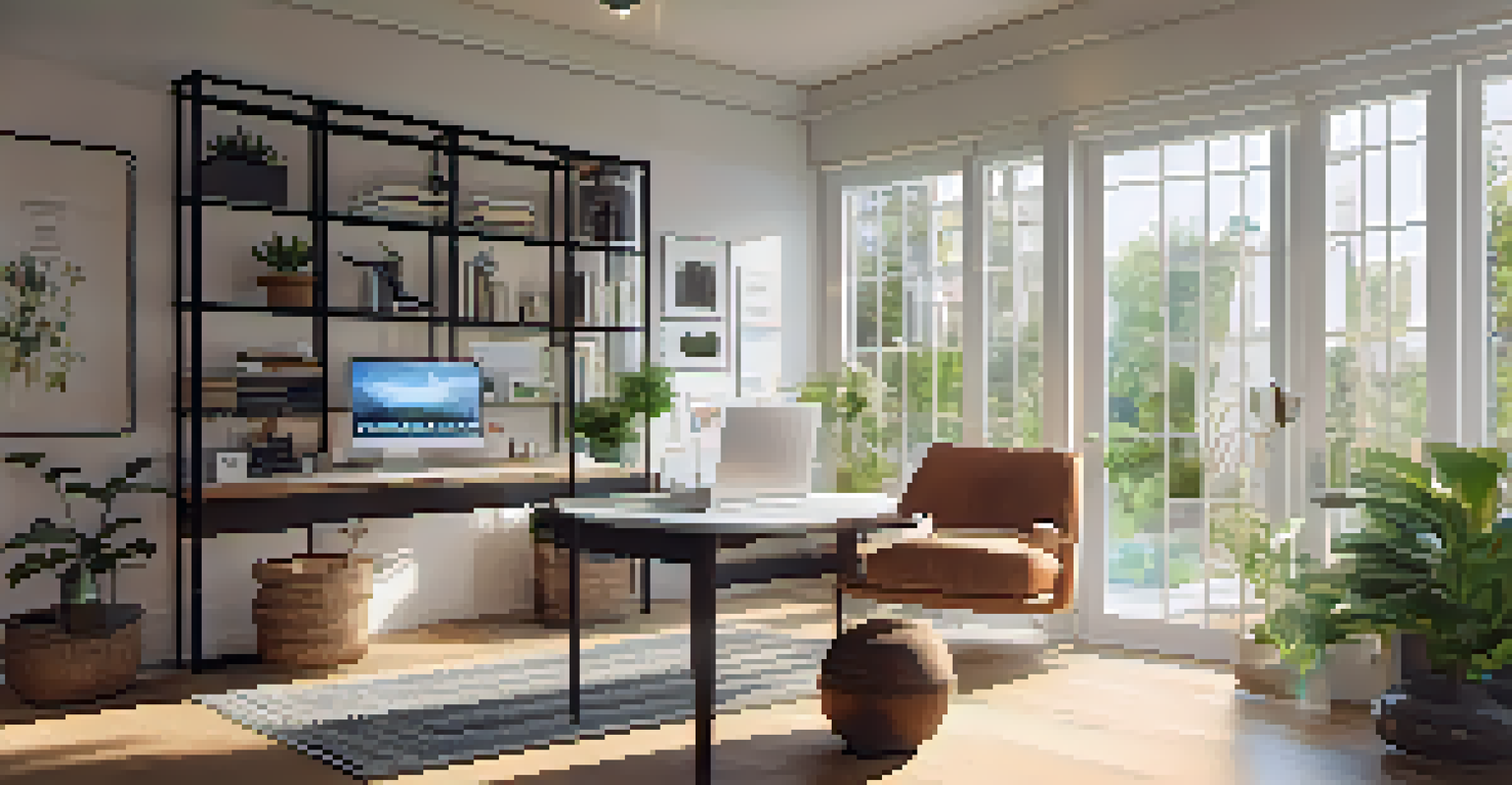 A bright home office separated by a frosted glass panel with a cozy reading nook in view.