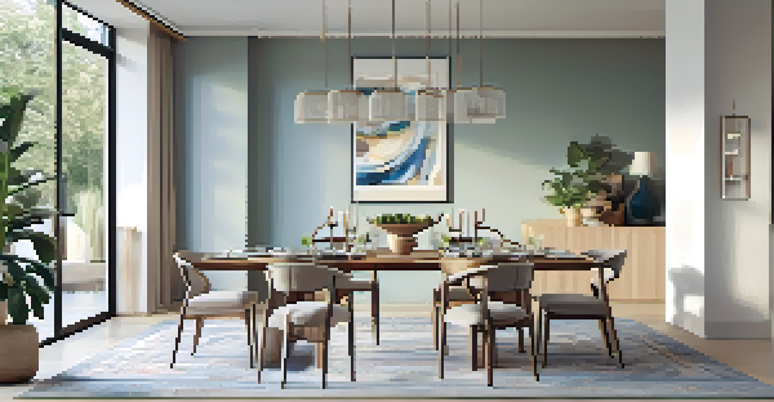 An elegant dining area in an open floor plan, featuring a wooden dining table, modern chairs, and large windows, decorated in soft pastel colors.