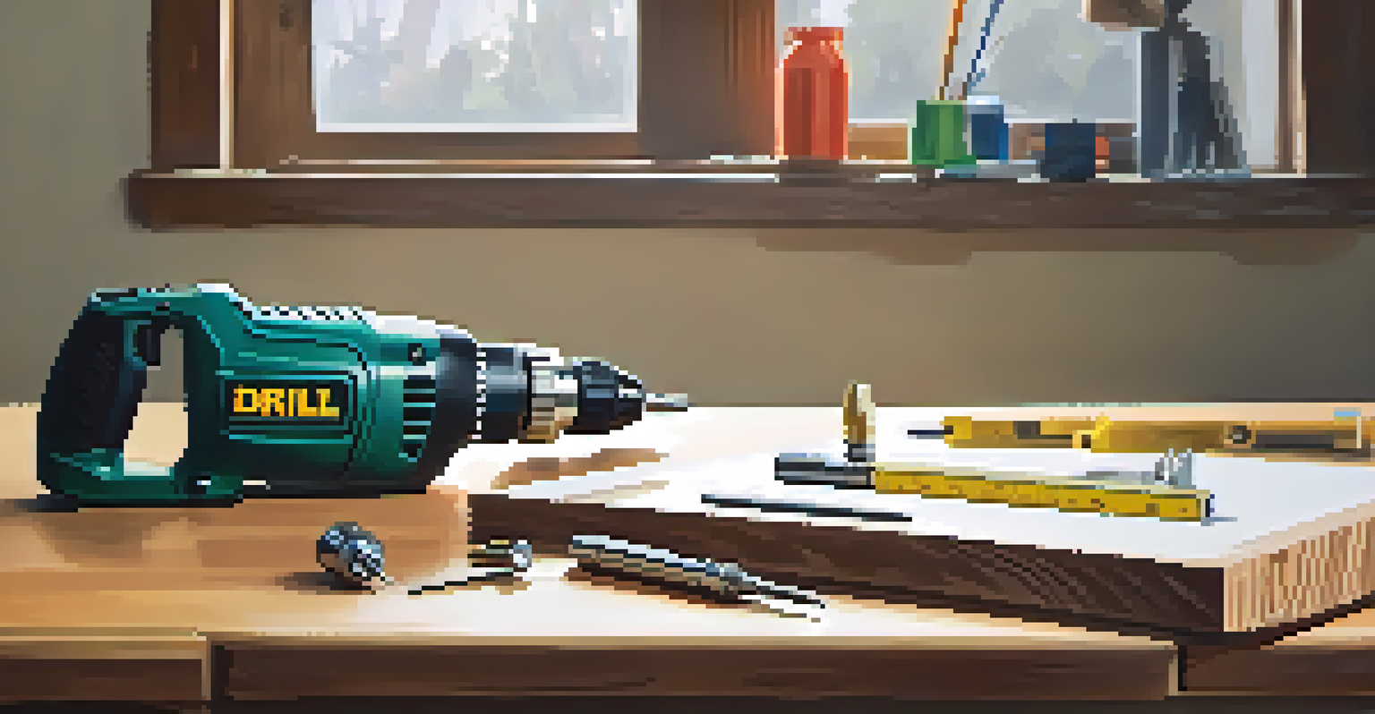 A cordless drill on a wooden table surrounded by drill bits and a level in a bright workshop.