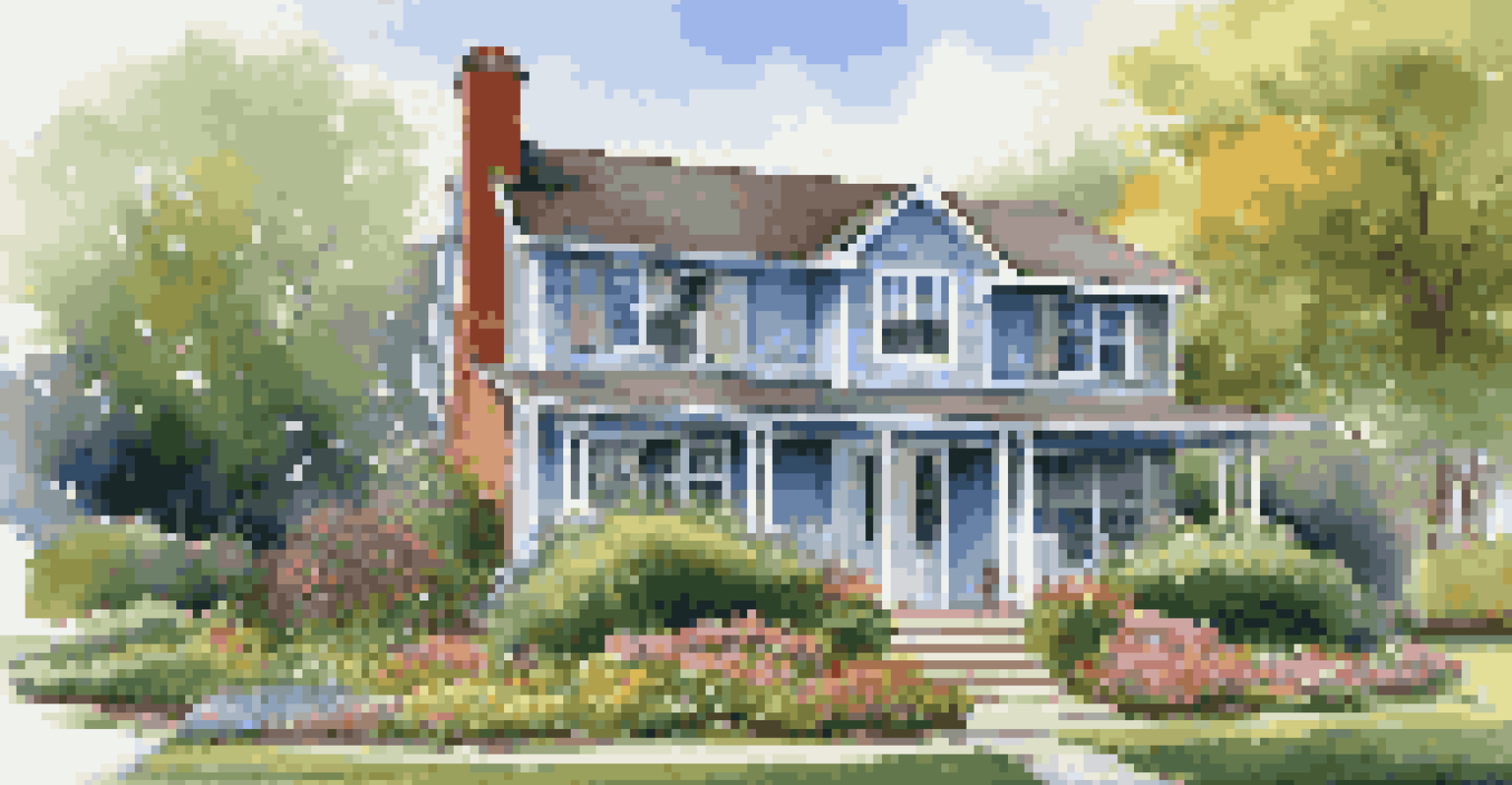 A neat house surrounded by greenery, showcasing freshly painted siding and vibrant flower beds under a clear blue sky.