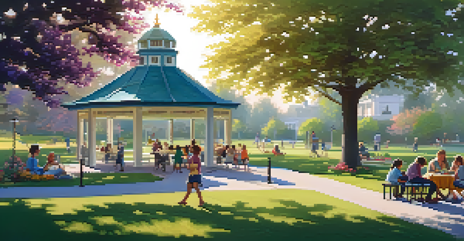 A community park filled with families, children playing, and artists painting, bathed in evening light.