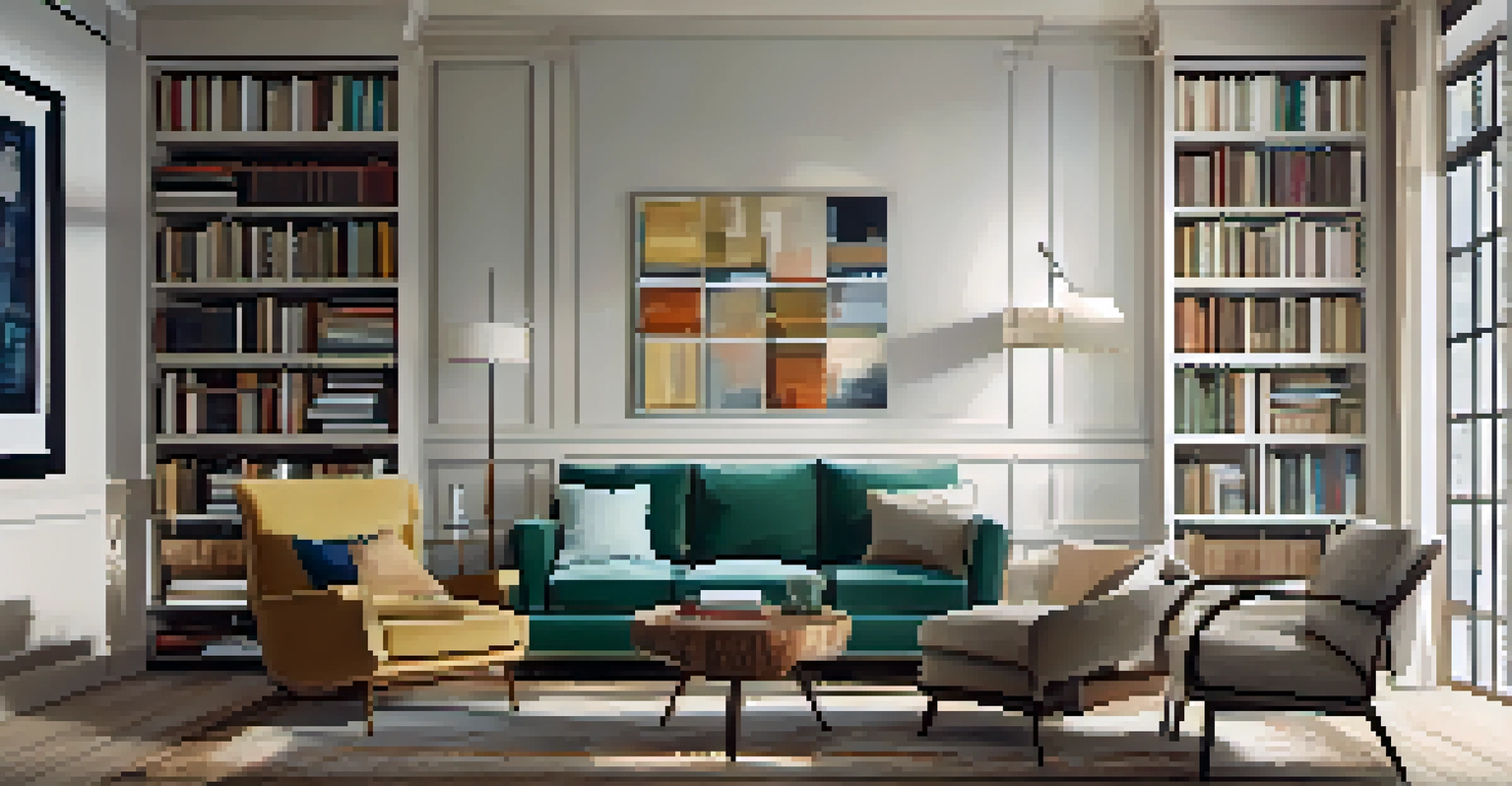 A cozy reading nook in an open concept living area with an armchair, bookshelf, and natural light enhancing the textures.