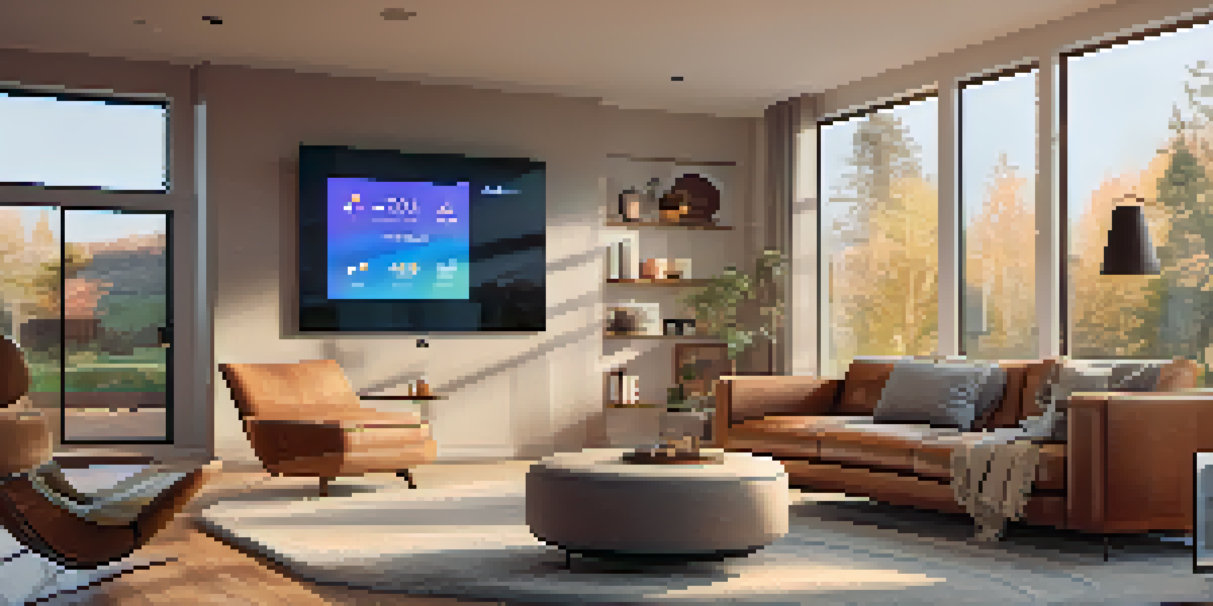 A warm and inviting living room showcasing smart home technology, including a thermostat, lights, and a smart speaker.