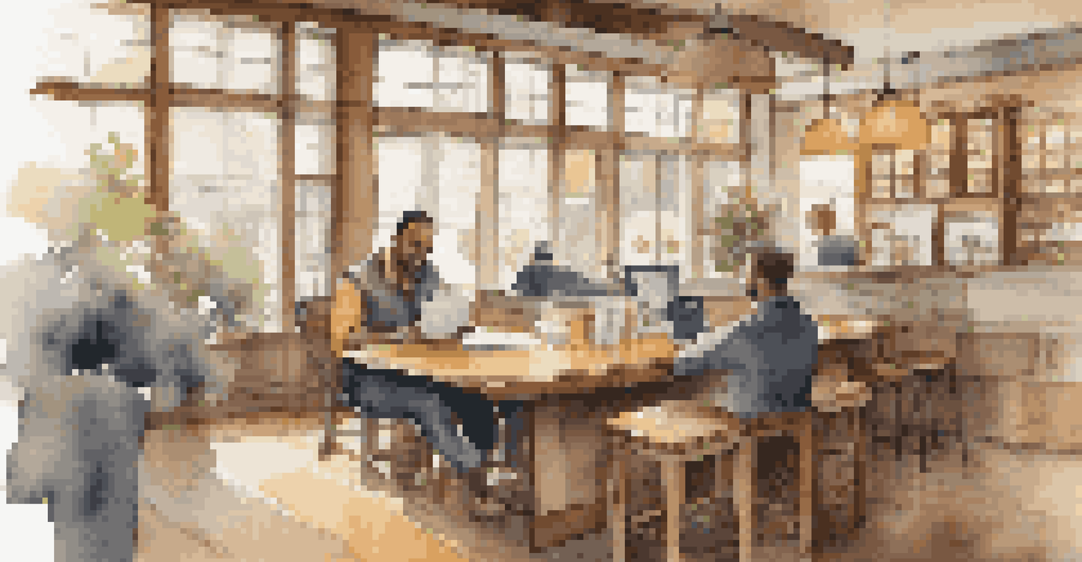 A contractor and client discussing design plans over coffee in a cozy coffee shop.