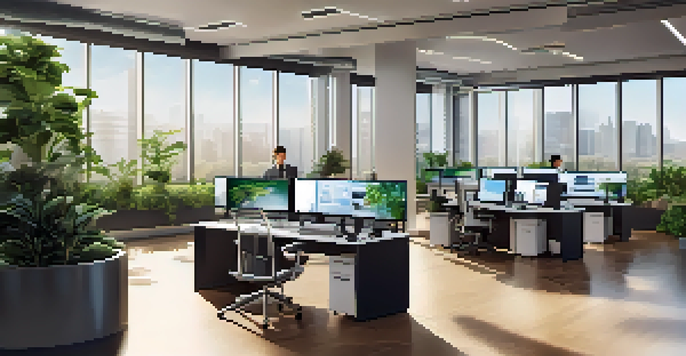 A modern office with a security desk and surveillance monitors, featuring a professional security guard.