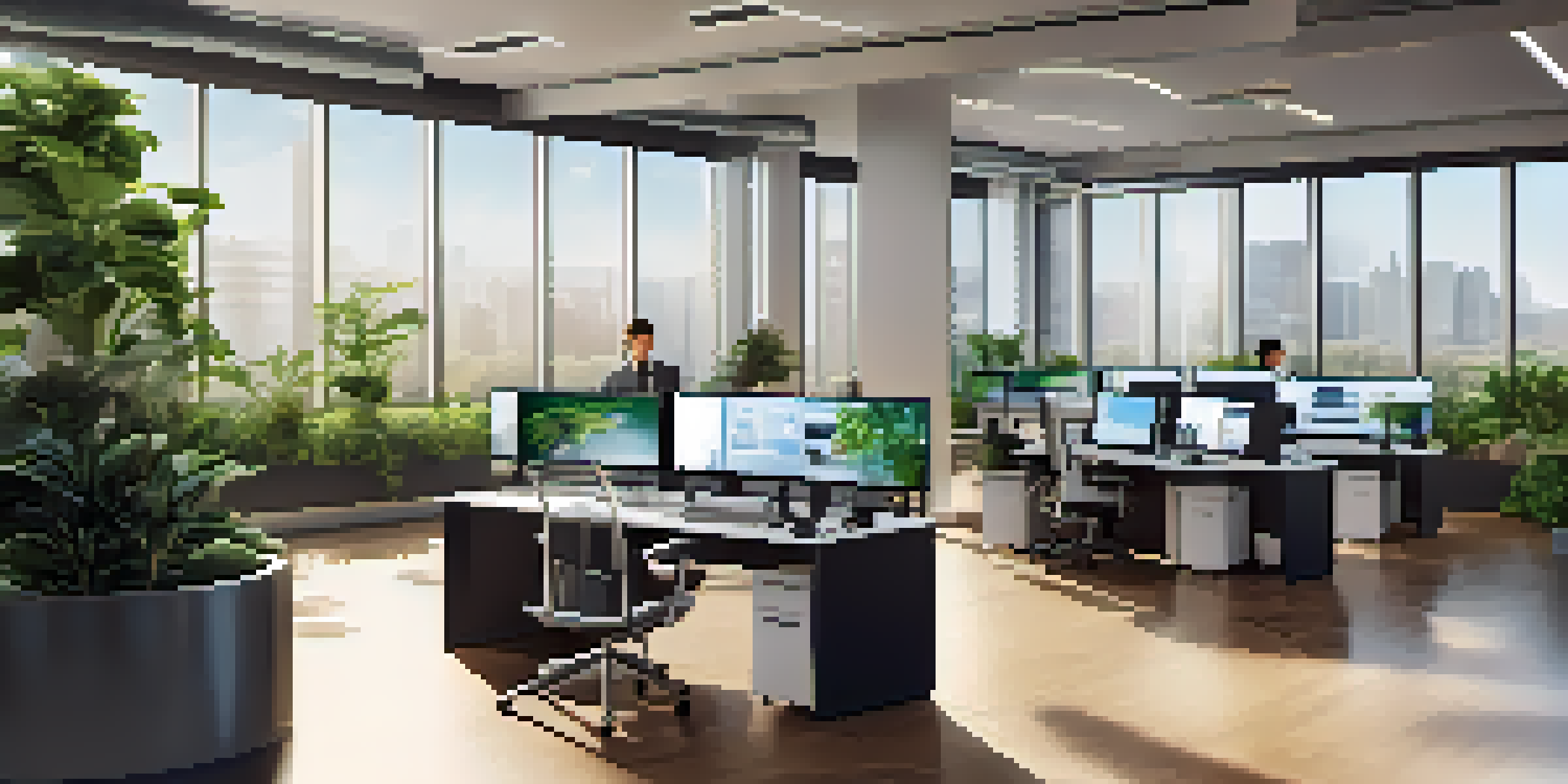A modern office with a security desk and surveillance monitors, featuring a professional security guard.