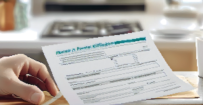 A close-up of hands holding a mortgage application with a calculator and coffee in a modern kitchen.