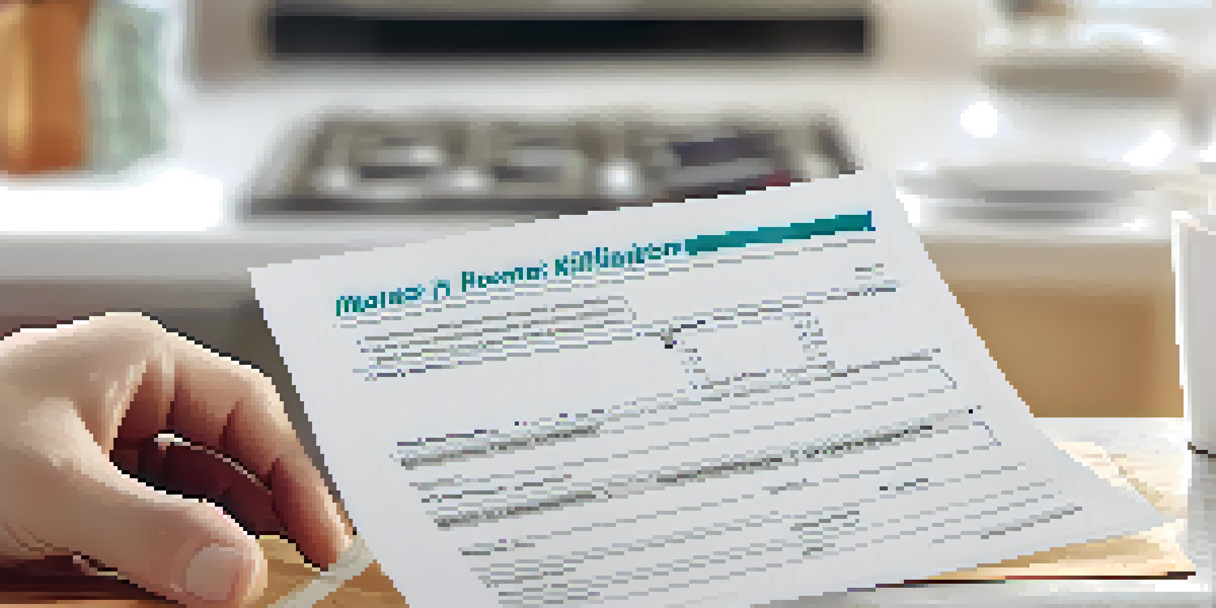 A close-up of hands holding a mortgage application with a calculator and coffee in a modern kitchen.