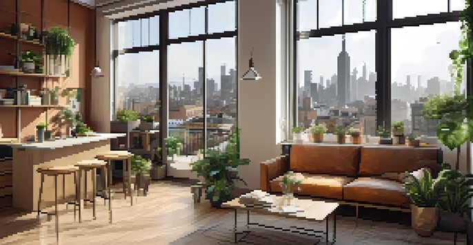 A warm and inviting micro-apartment with multifunctional furniture and a view of the city skyline through a large window.
