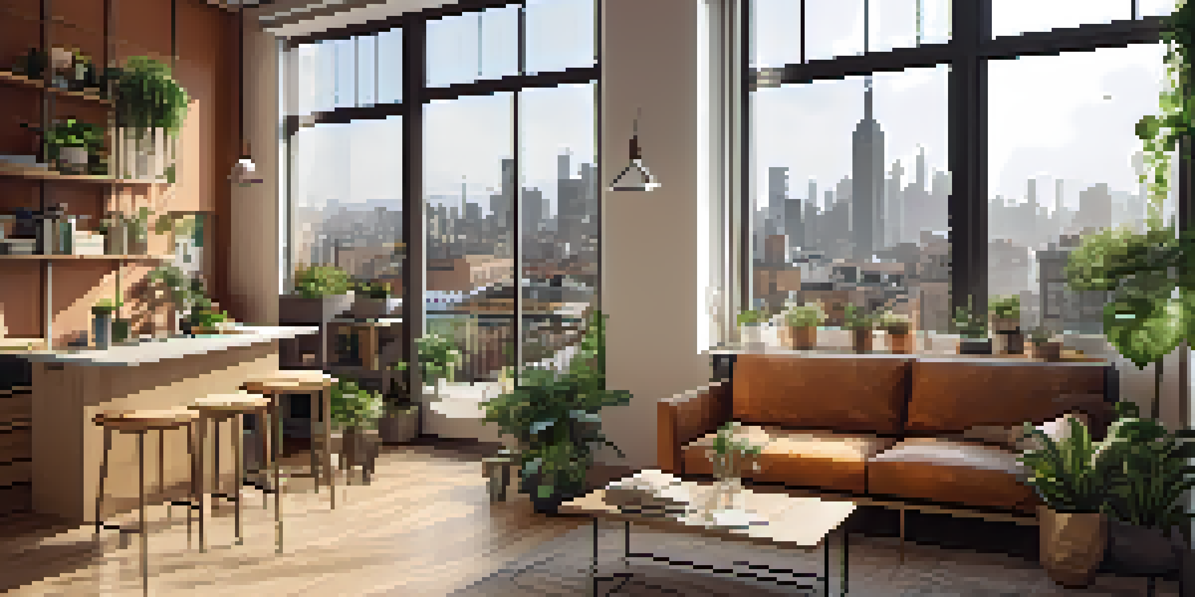 A warm and inviting micro-apartment with multifunctional furniture and a view of the city skyline through a large window.