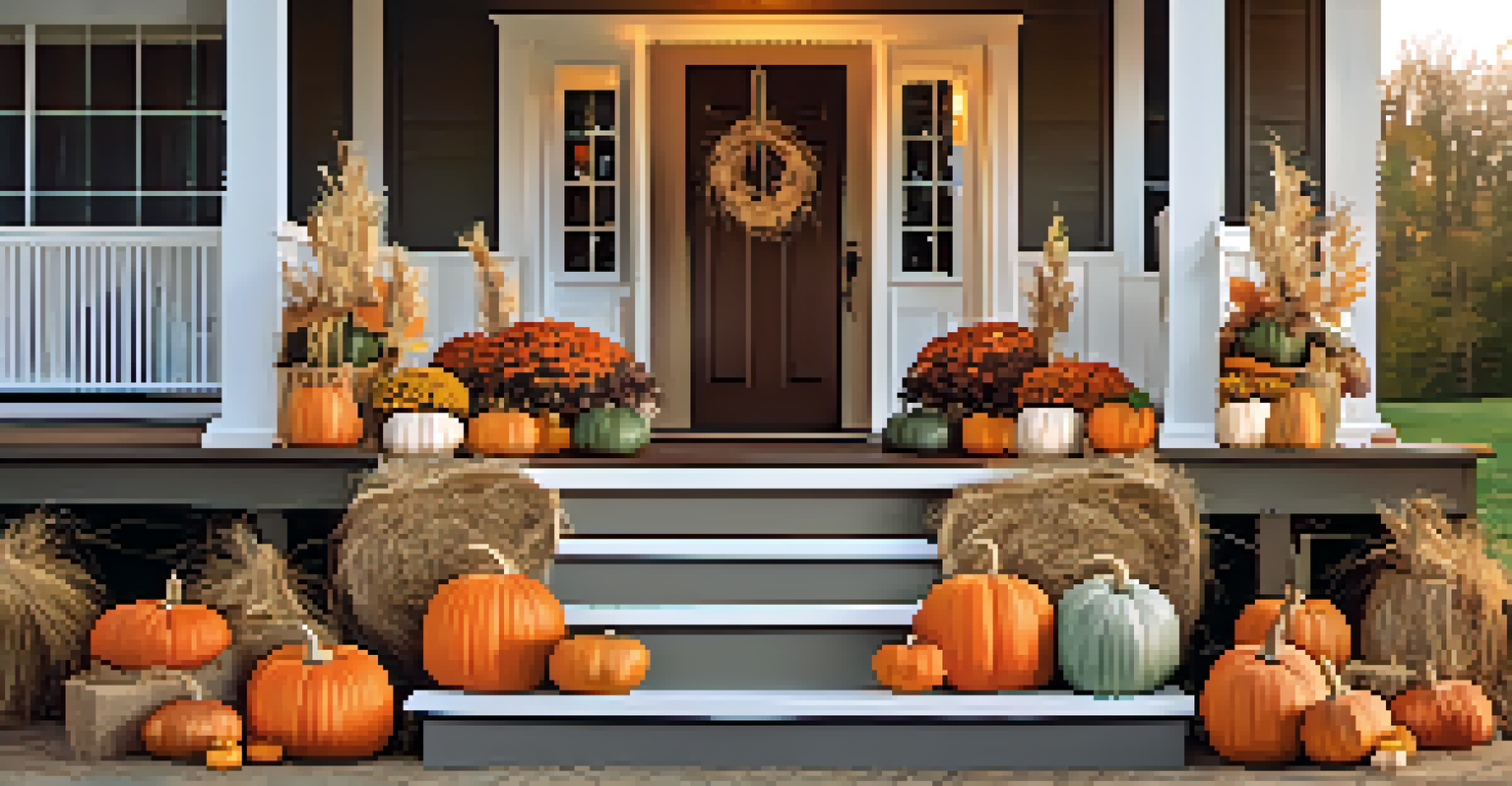 A festive autumn porch with colorful pumpkins and hay bales, lit by string lights for a warm atmosphere.